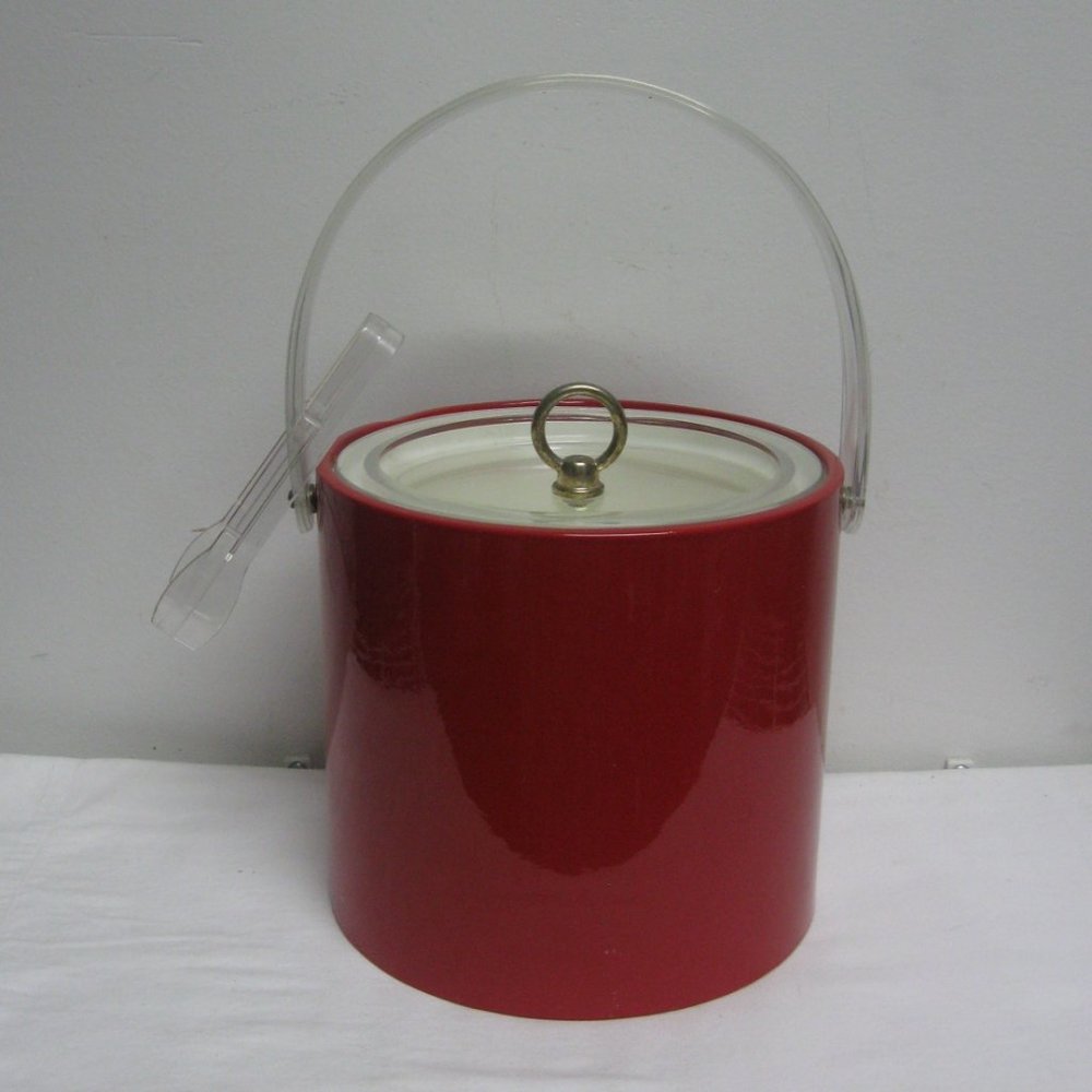 Vintage 60's Retro Lipstick Red Patent Ice Bucket w Lucite Handle & Tongs